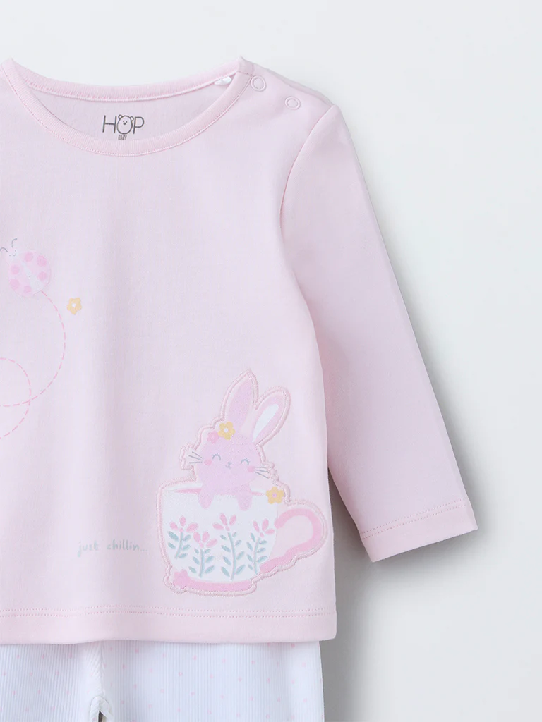 HOP Baby Girls Pink Printed Cotton T-Shirt with Pants Set - Image 4