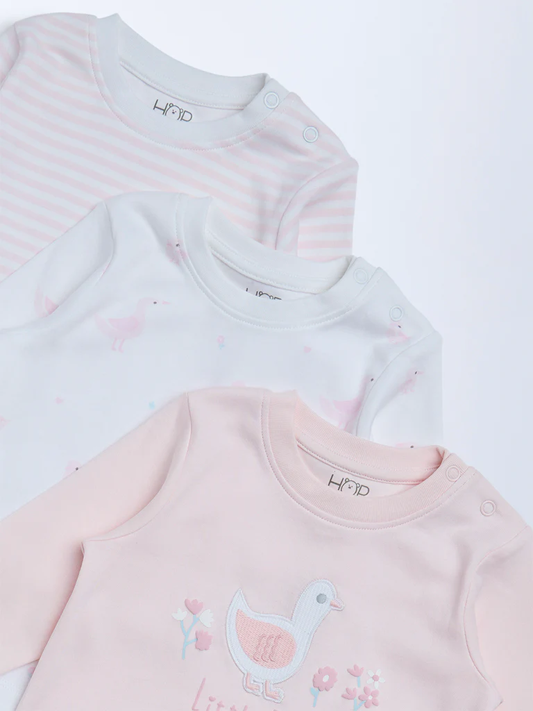 HOP Baby Girls Pink Printed Cotton T-Shirts - Pack of 3 - Image 4