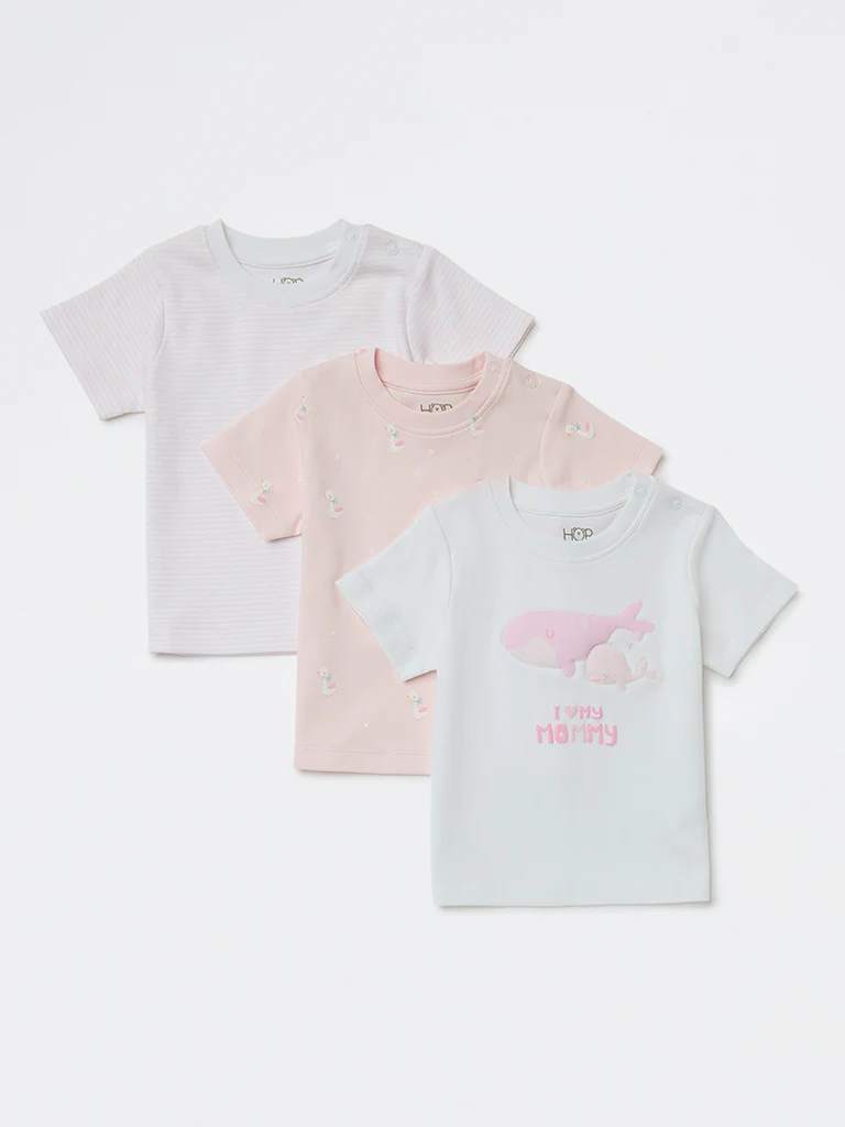 HOP Baby Girls Pink Printed Cotton T-Shirts - Pack of 3 - Image 2