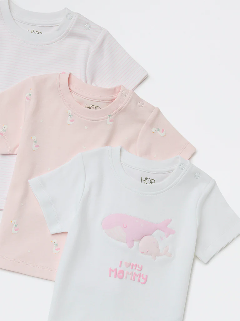 HOP Baby Girls Pink Printed Cotton T-Shirts - Pack of 3 - Image 4