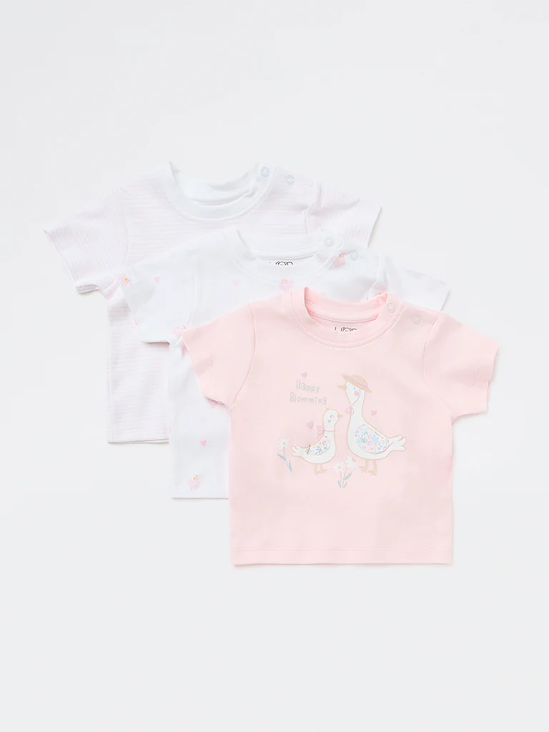 HOP Baby Girls Pink Printed Cotton T-Shirts (Pack of 3) - Image 2