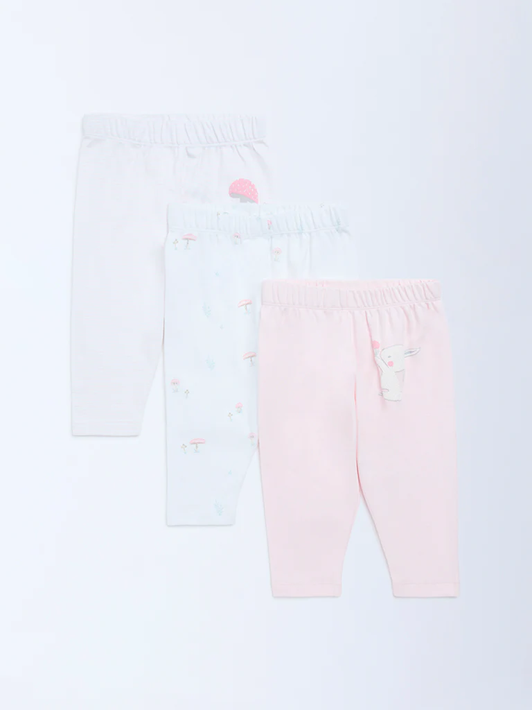 HOP Baby Girls Pink Printed High-Rise Cotton Pants - Pack of 3 - Image 2