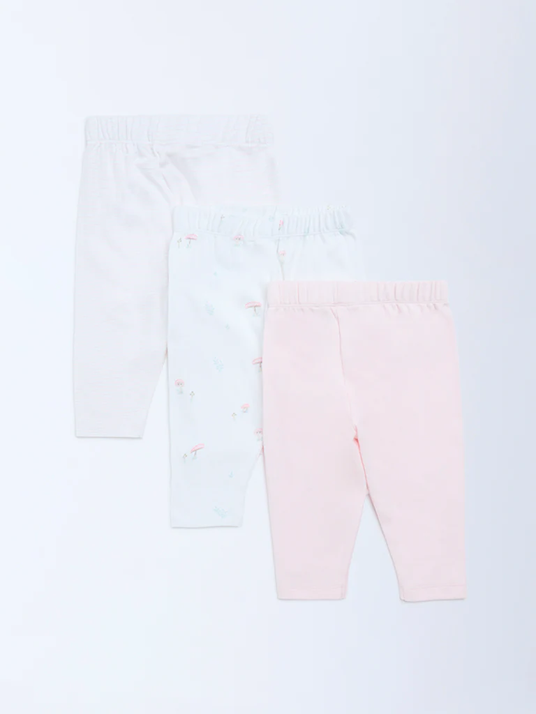 HOP Baby Girls Pink Printed High-Rise Cotton Pants - Pack of 3 - Image 3
