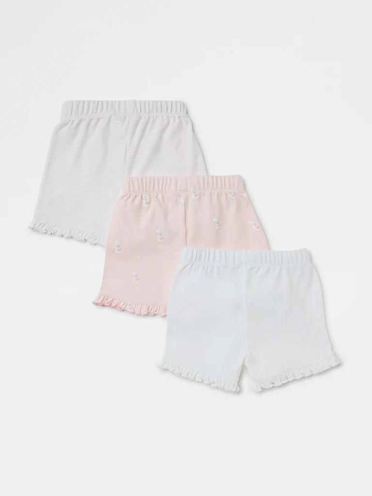 HOP Baby Girls Pink Printed High-Rise Cotton Shorts - Pack of 3 - Image 3