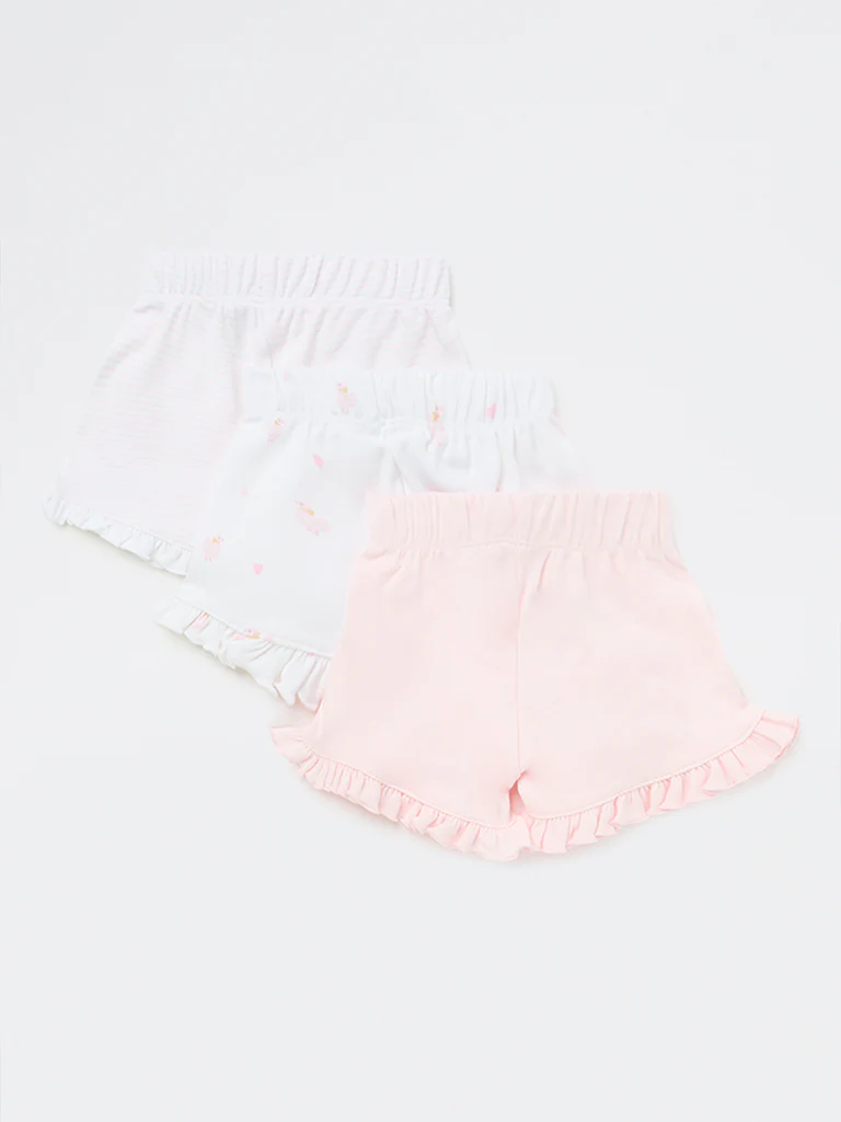 HOP Baby Girls Pink Printed High-Rise Cotton Shorts - Pack of 3 - Image 3