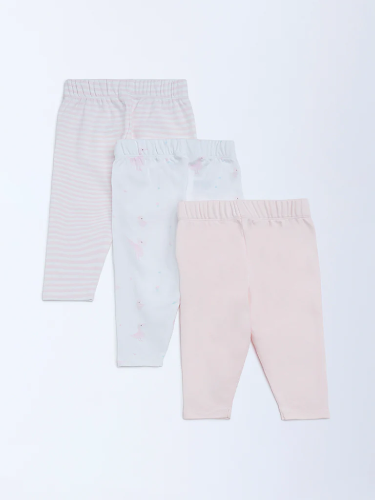 HOP Baby Girls Pink Printed Mid-Rise Cotton Pants - Pack of 3 - Image 3