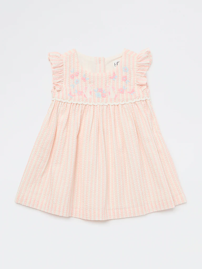 HOP Baby Girls Pink Seersucker Textured A-Line Cotton Dress