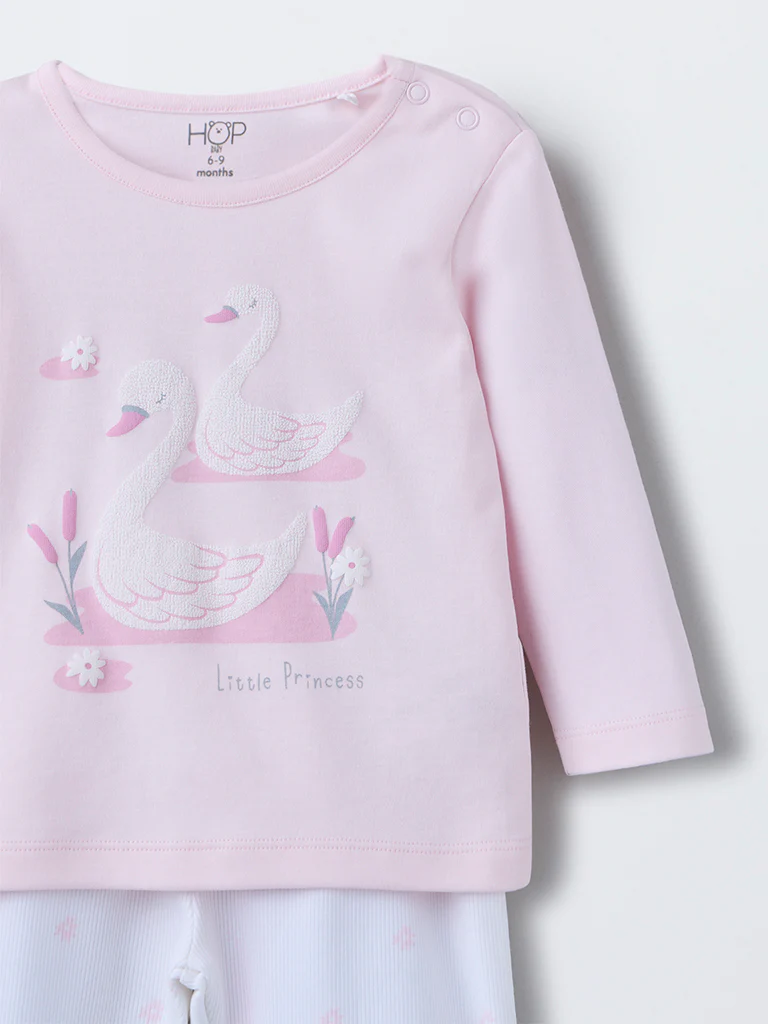 HOP Baby Girls Pink Swan Design Cotton T-Shirt with Pants Set - Image 4