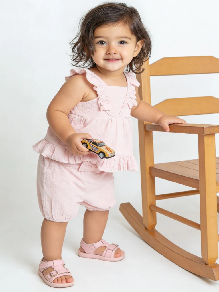 HOP Baby Girls Pink Textured A-Line Cotton Dress with Shorts Set
