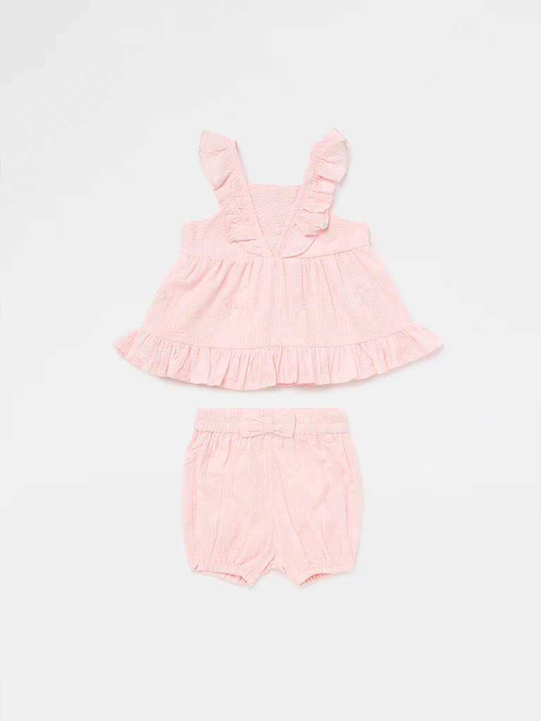 HOP Baby Girls Pink Textured A-Line Cotton Dress with Shorts Set - Image 2