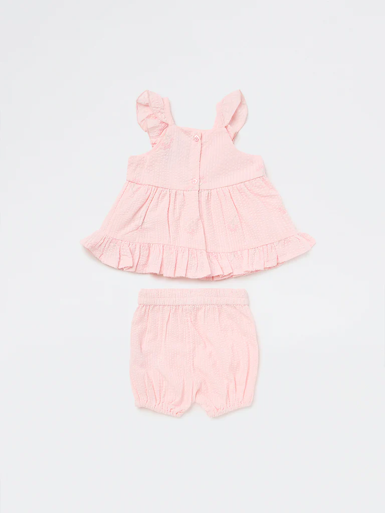HOP Baby Girls Pink Textured A-Line Cotton Dress with Shorts Set - Image 3