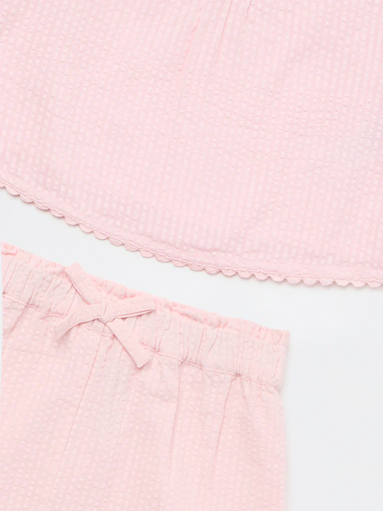 HOP Baby Girls Pink Textured Cotton Top and Shorts Set - Image 5