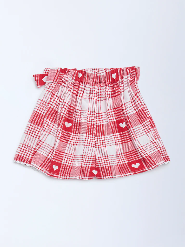 HOP Baby Girls Red Checkered High-Rise Cotton Skort - Image 3