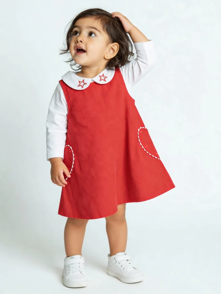 HOP Baby Girls Red Cotton Pinafore and T-Shirt Set