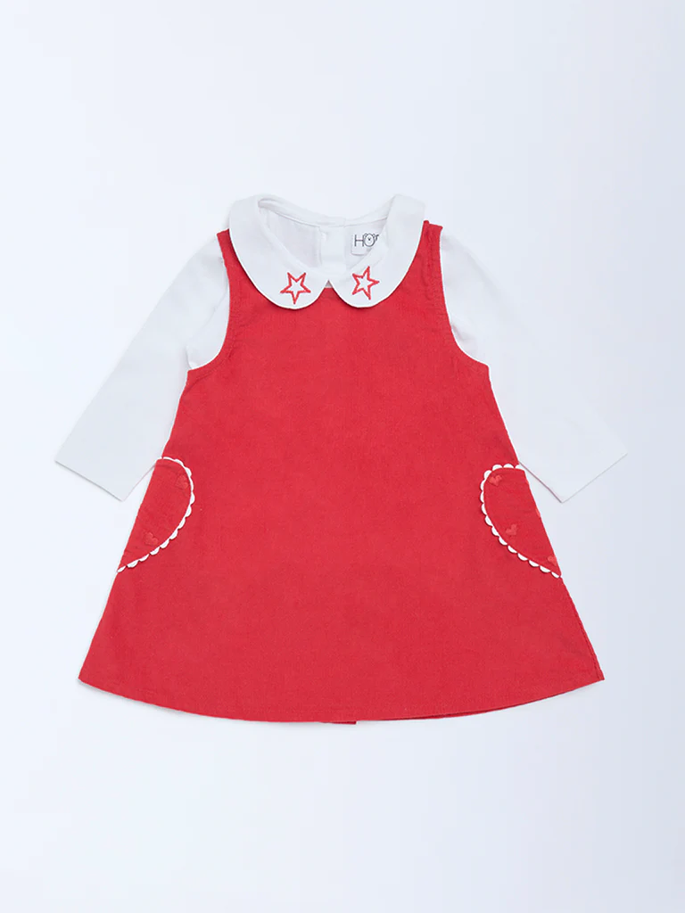 HOP Baby Girls Red Cotton Pinafore and T-Shirt Set - Image 2
