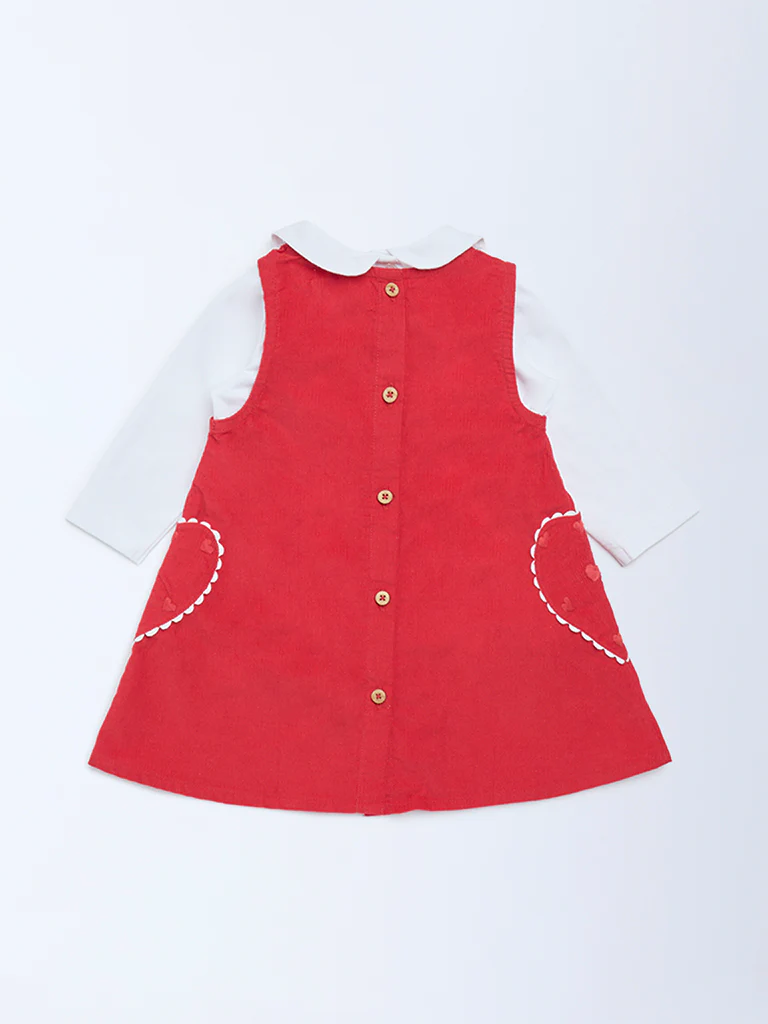 HOP Baby Girls Red Cotton Pinafore and T-Shirt Set - Image 3