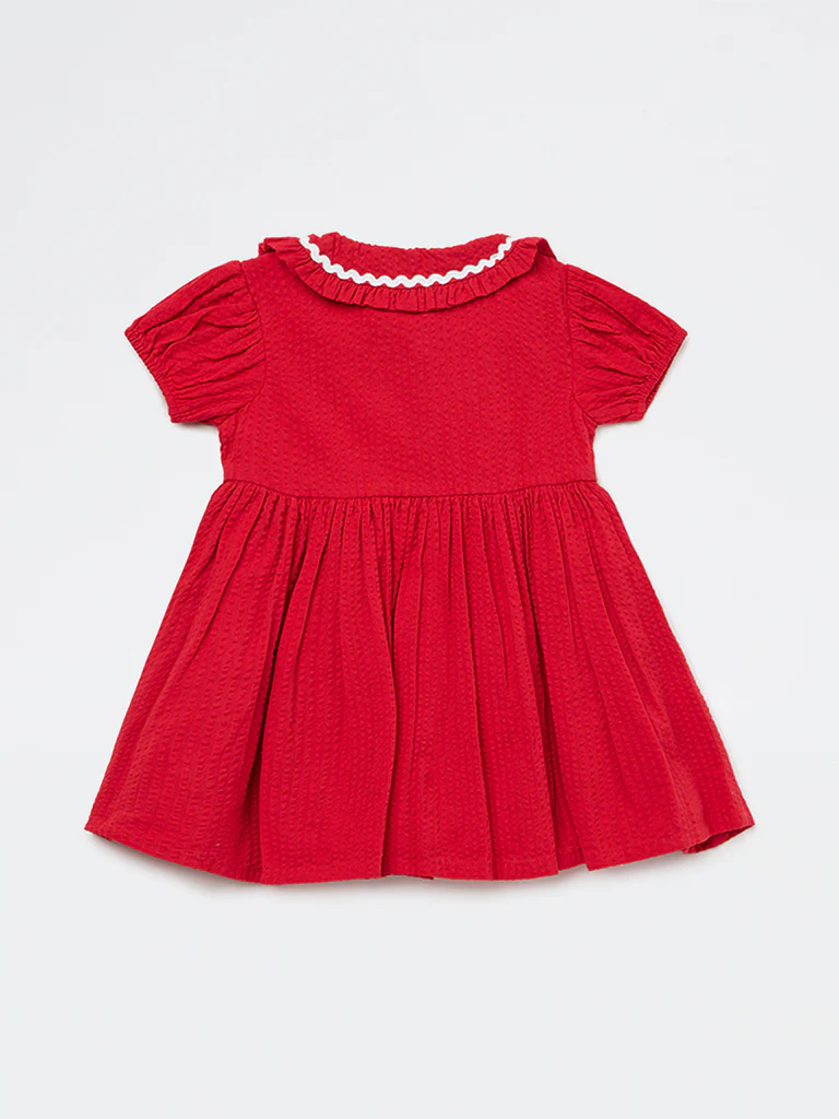HOP Baby Girls Red Floral Embroidered A-Line Cotton Dress - Image 3