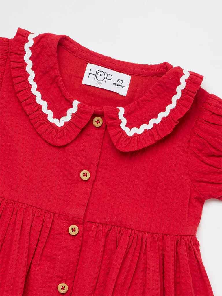 HOP Baby Girls Red Floral Embroidered A-Line Cotton Dress - Image 4