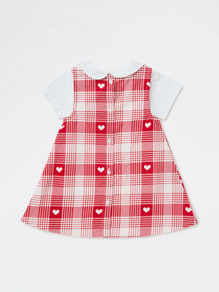 HOP Baby Girls Red Houndstooth Check Cotton Pinafore and T-Shirt Set - Image 3