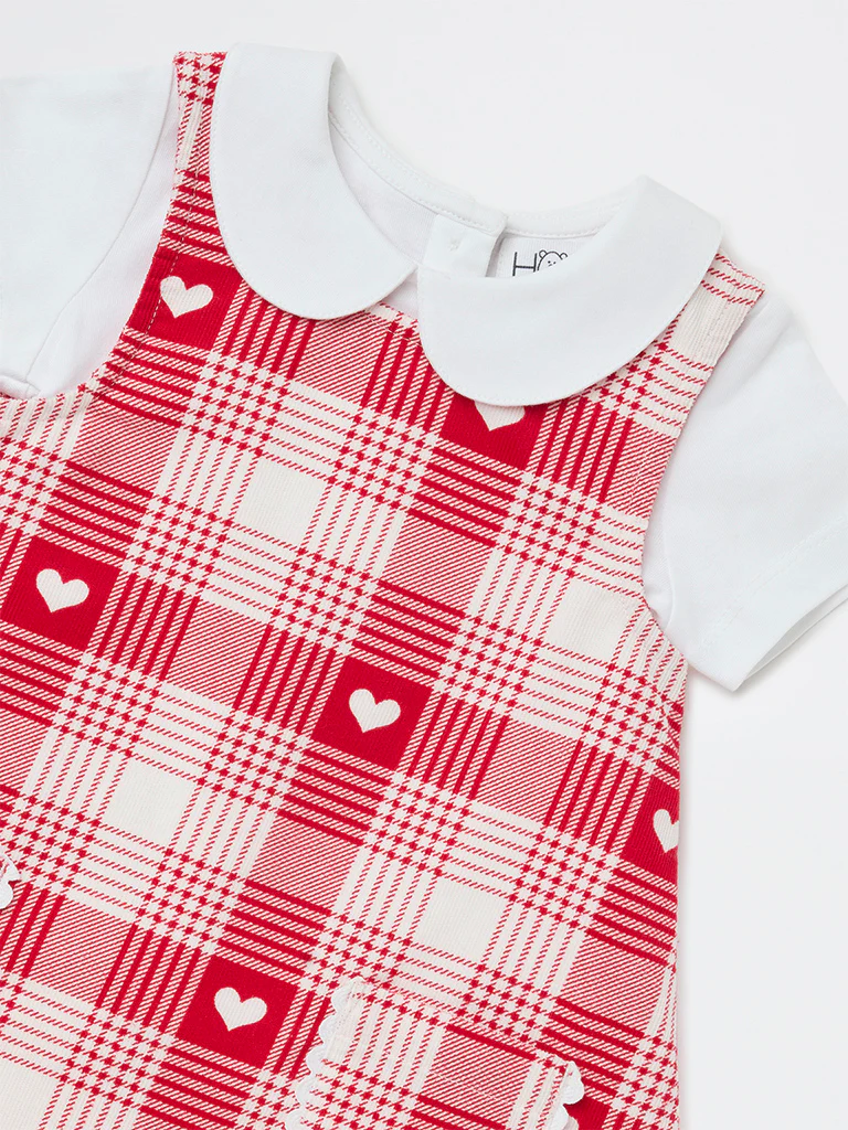 HOP Baby Girls Red Houndstooth Check Cotton Pinafore and T-Shirt Set - Image 4