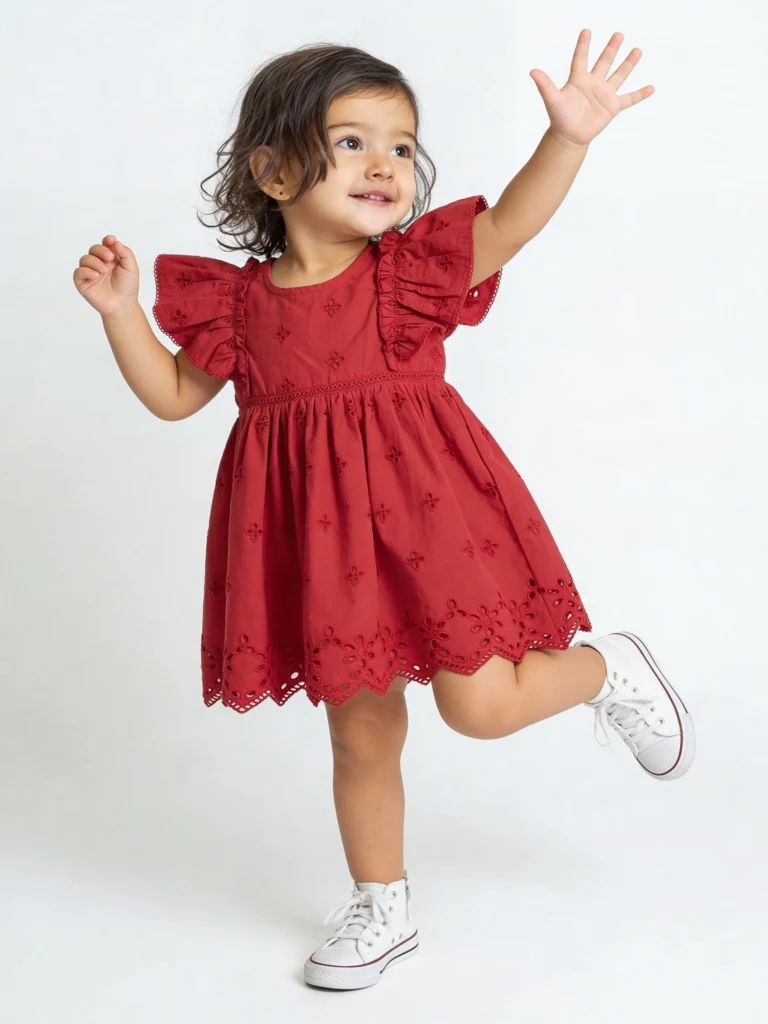 HOP Baby Girls Red Schiffli Embroidered Cotton A-Line Dress