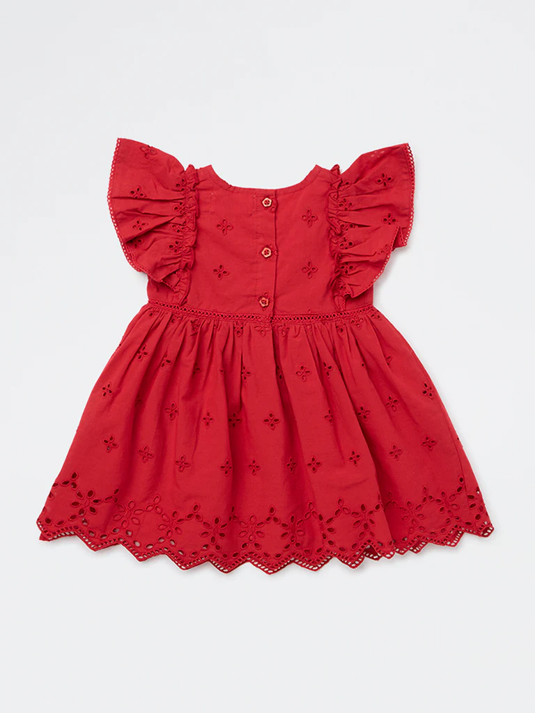 HOP Baby Girls Red Schiffli Embroidered Cotton A-Line Dress - Image 3