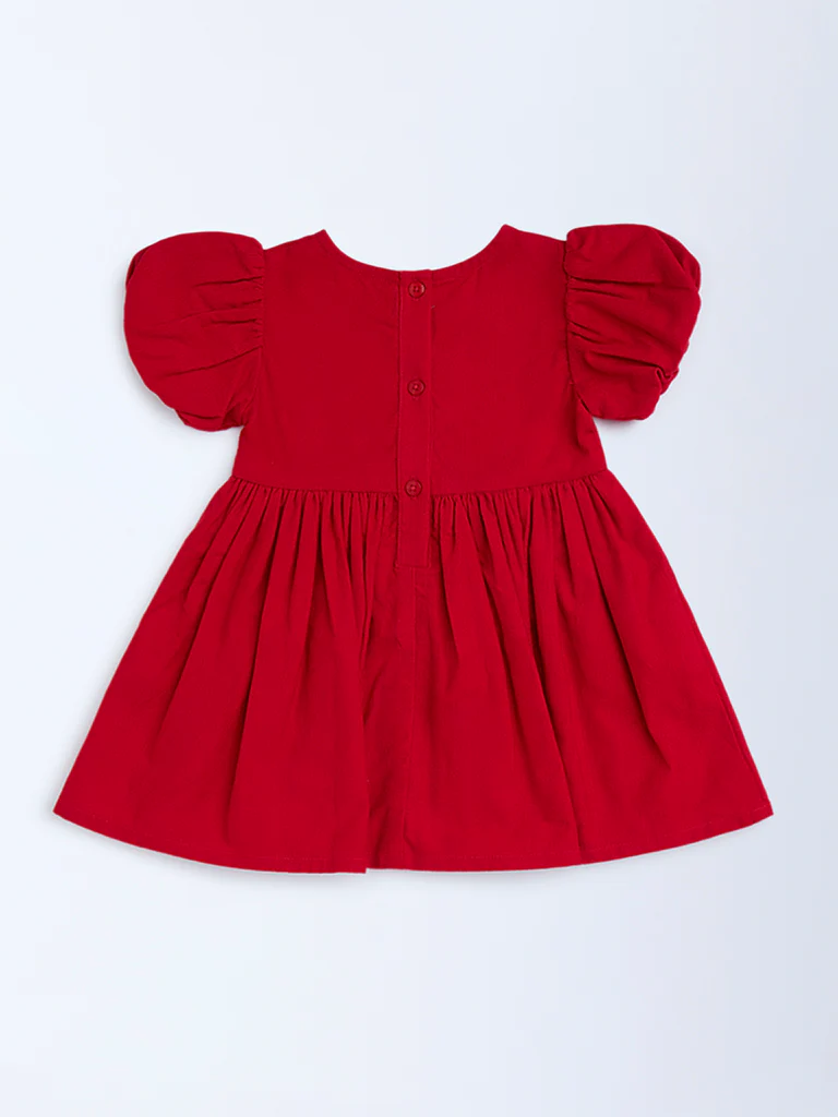 HOP Baby Girls Red Solid Bow-Detailed Cotton Dress - Image 3