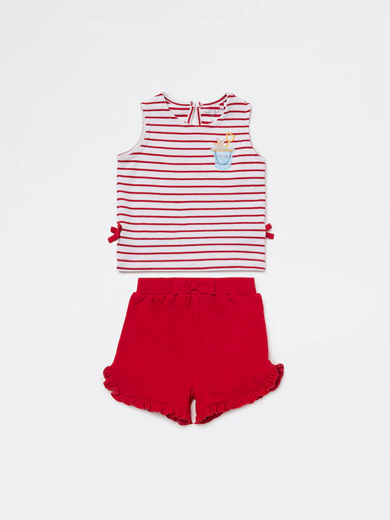 HOP Baby Girls Red Striped Cotton T-Shirt and Shorts Set - Image 2