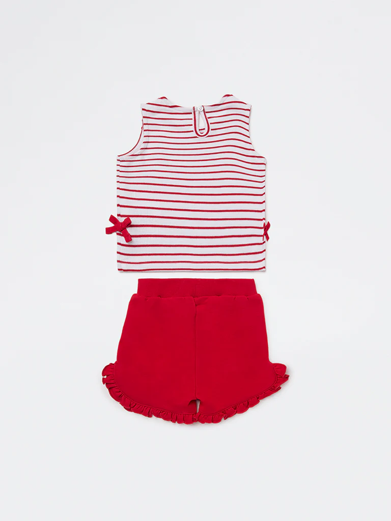 HOP Baby Girls Red Striped Cotton T-Shirt and Shorts Set - Image 3