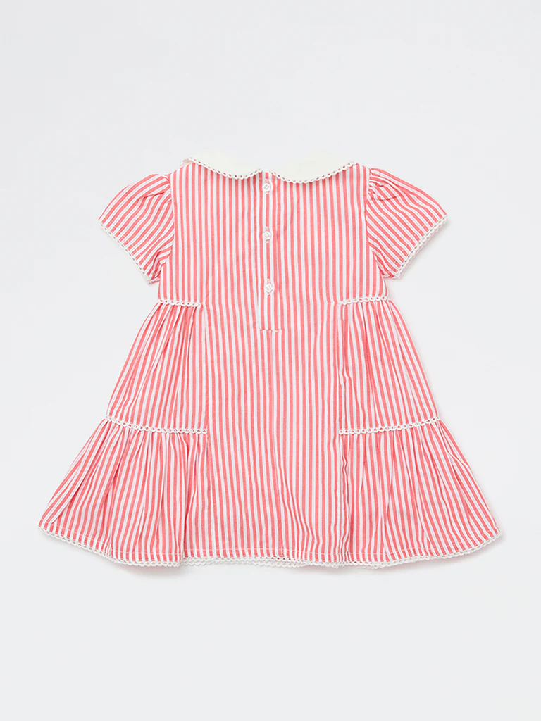 HOP Baby Girls Red Striped Tiered Cotton Dress - Image 3