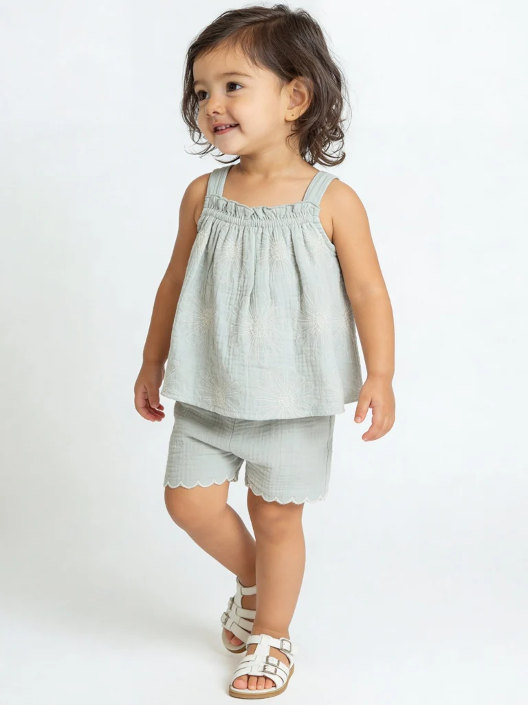 HOP Baby Girls Sage Floral Embroidered Cotton Top with Shorts Set