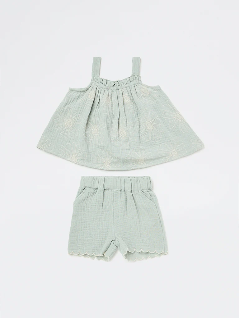 HOP Baby Girls Sage Floral Embroidered Cotton Top with Shorts Set - Image 2