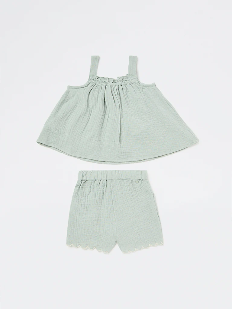 HOP Baby Girls Sage Floral Embroidered Cotton Top with Shorts Set - Image 3