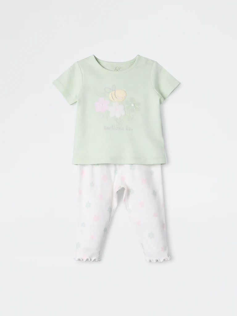 HOP Baby Girls Sage Floral Printed 2-Piece Cotton Set - Image 2