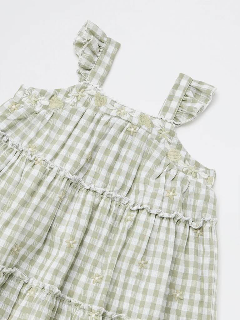HOP Baby Girls Sage Gingham Checkered Cotton Tiered Dress - Image 4