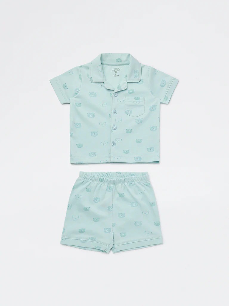 HOP Baby Girls Seagreen Animal Printed SUPIMA Cotton Shirt and Shorts Set - Image 2