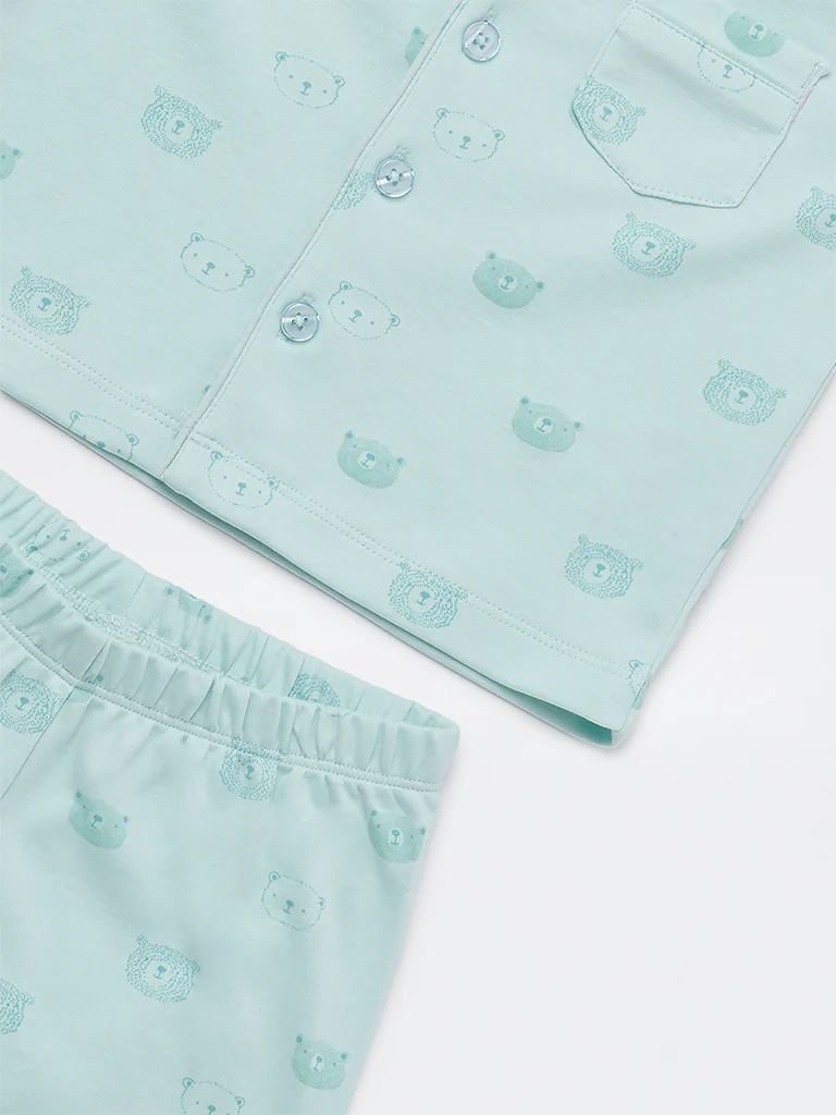 HOP Baby Girls Seagreen Animal Printed SUPIMA Cotton Shirt and Shorts Set - Image 4