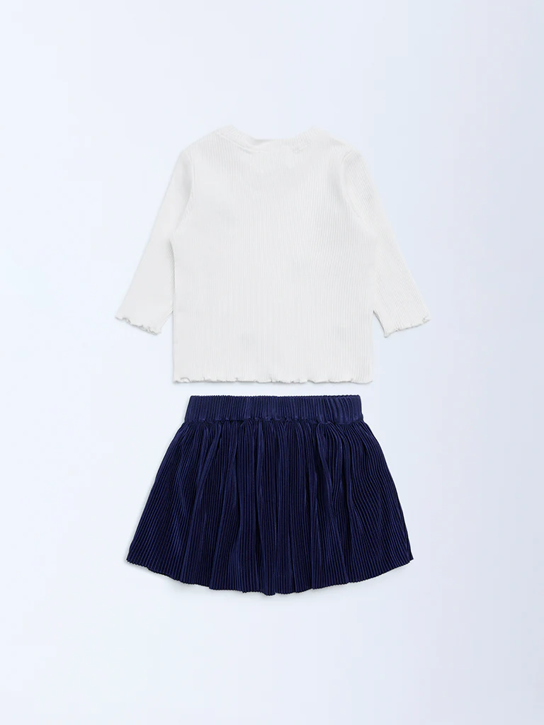 HOP Baby Girls White Bow Embroidered Cotton T-Shirt and Skirt Set - Image 3