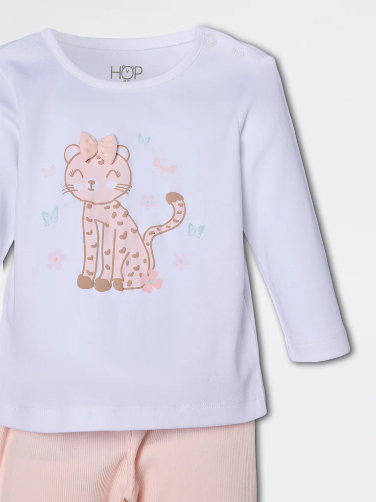 HOP Baby Girls White Cat Design Cotton T-Shirt and Pants Set - Exclusive - Image 4