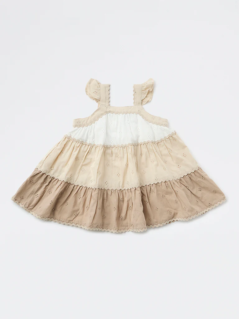 HOP Baby Girls White Color Block Cotton Dress