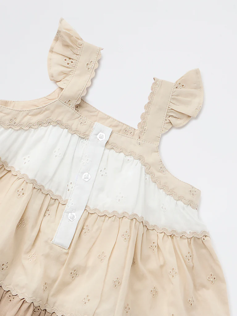 HOP Baby Girls White Color Block Cotton Dress - Image 3
