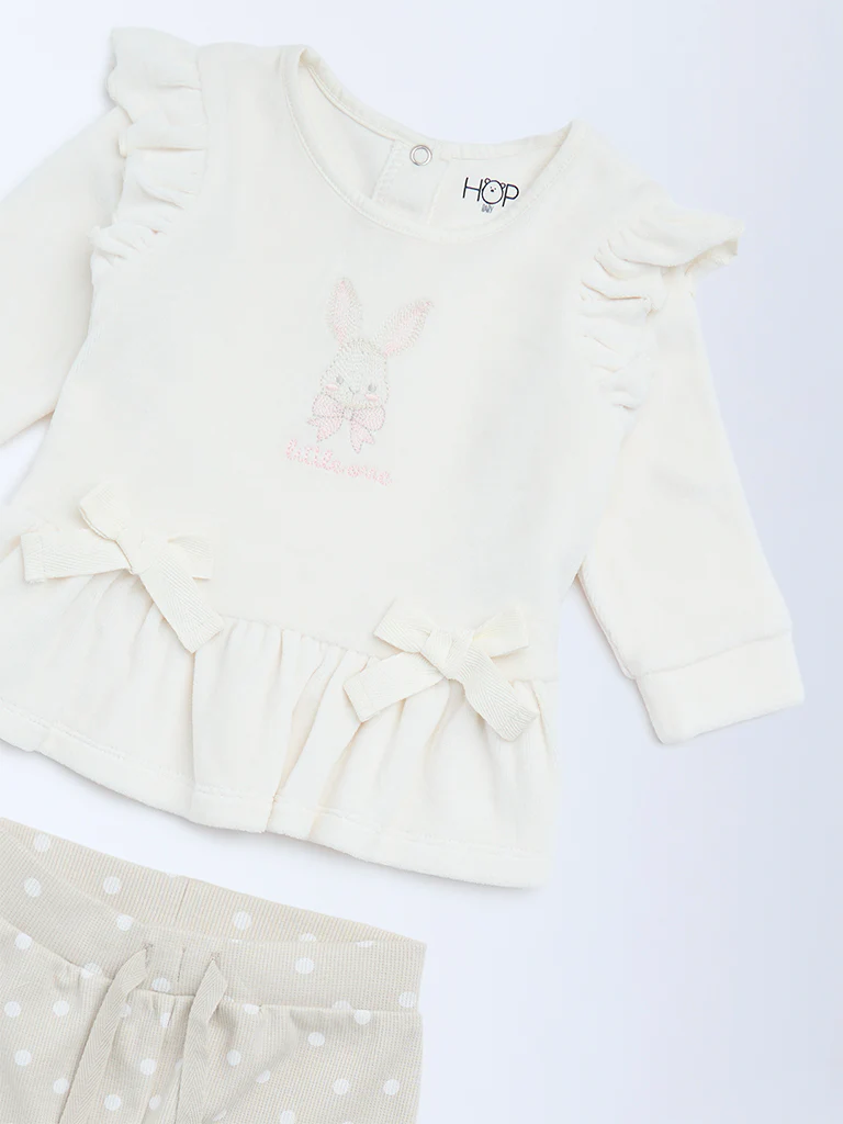 HOP Baby Girls White Cotton-Blend A-Line Dress with Pants Set - Image 4