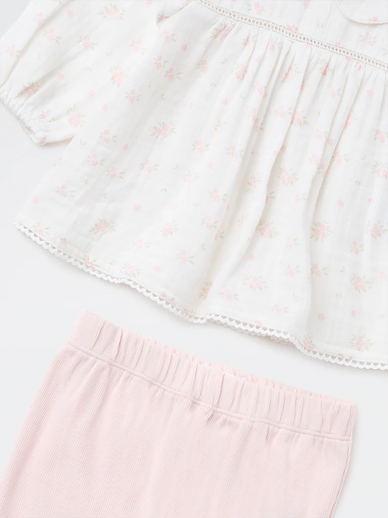 HOP Baby Girls White Cotton-Blend Top and Leggings Set - Image 4