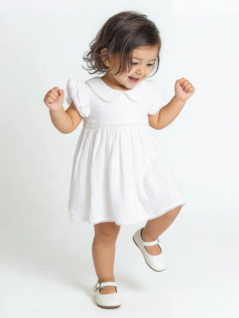 HOP Baby Girls White Crinkle-Textured A-Line Cotton Dress