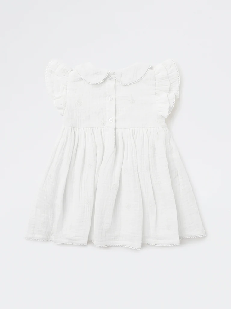 HOP Baby Girls White Crinkle-Textured A-Line Cotton Dress - Image 3