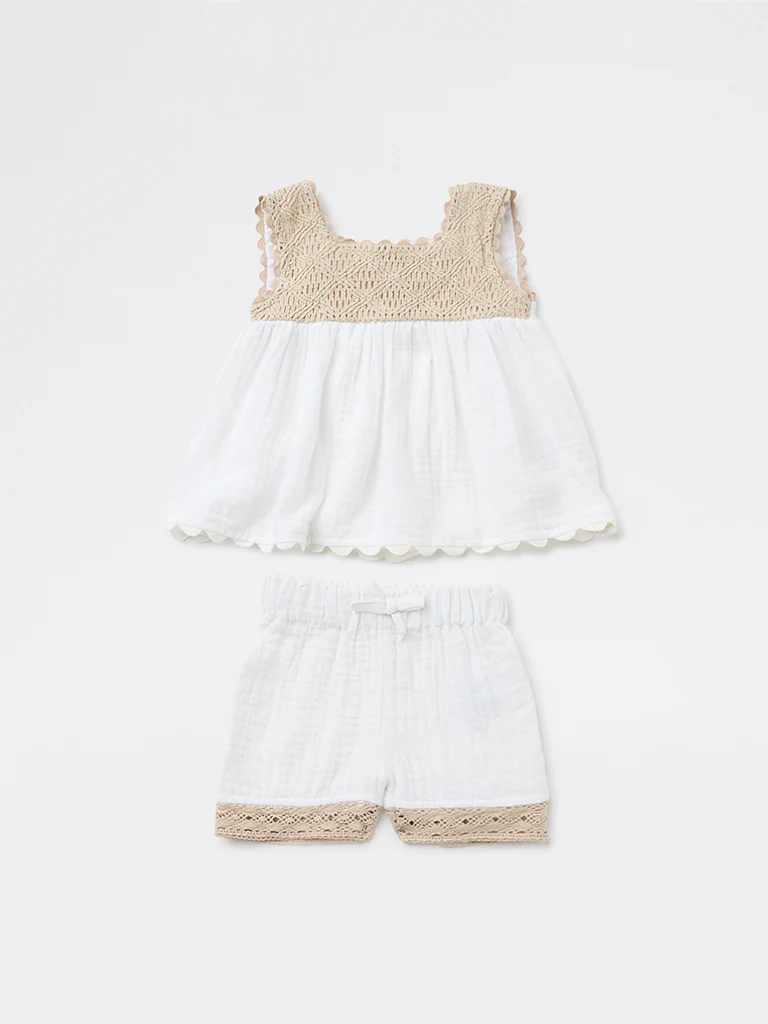 HOP Baby Girls White Crochet Cotton Dress and Shorts Set - Image 2