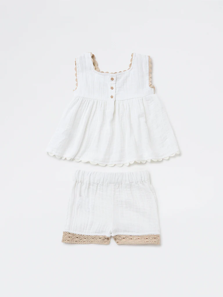 HOP Baby Girls White Crochet Cotton Dress and Shorts Set - Image 3