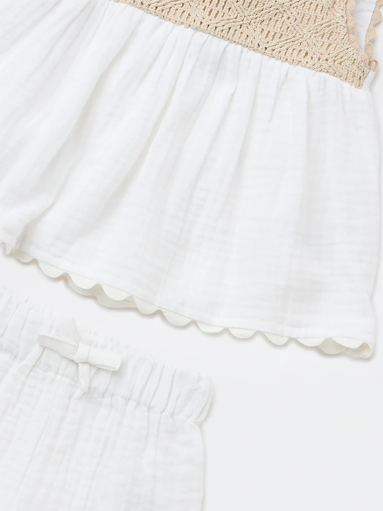 HOP Baby Girls White Crochet Cotton Dress and Shorts Set - Image 4