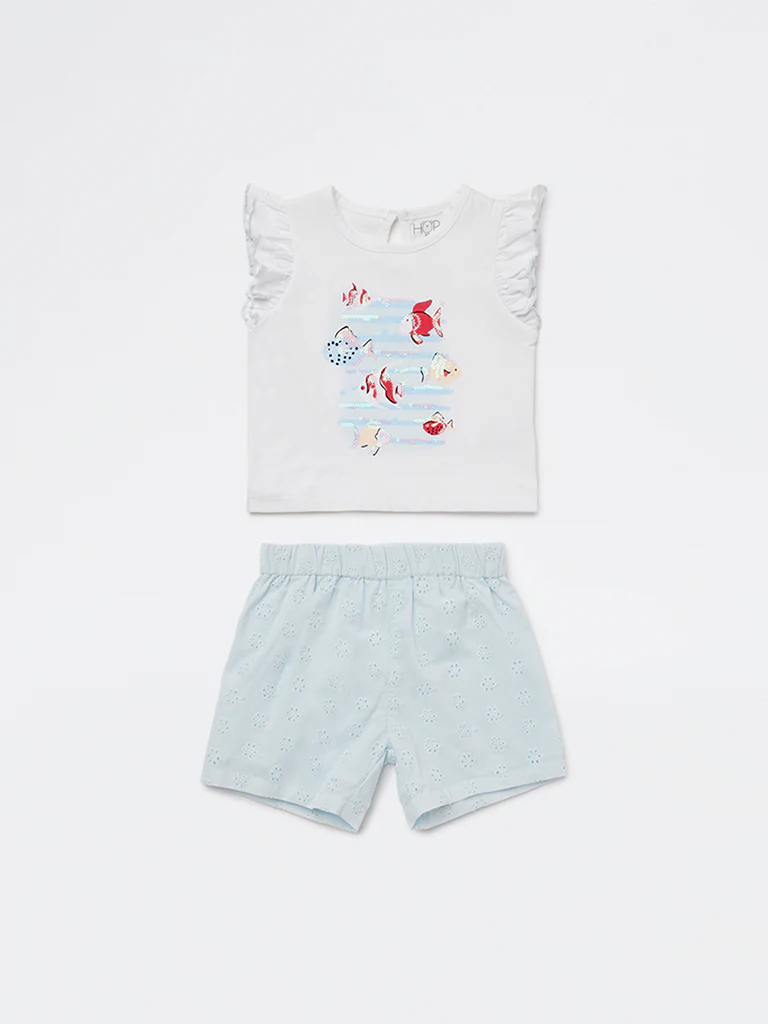 HOP Baby Girls White Embellished Cotton T-Shirt and Shorts Set - Image 2