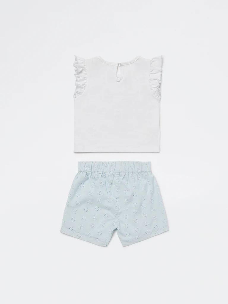 HOP Baby Girls White Embellished Cotton T-Shirt and Shorts Set - Image 3